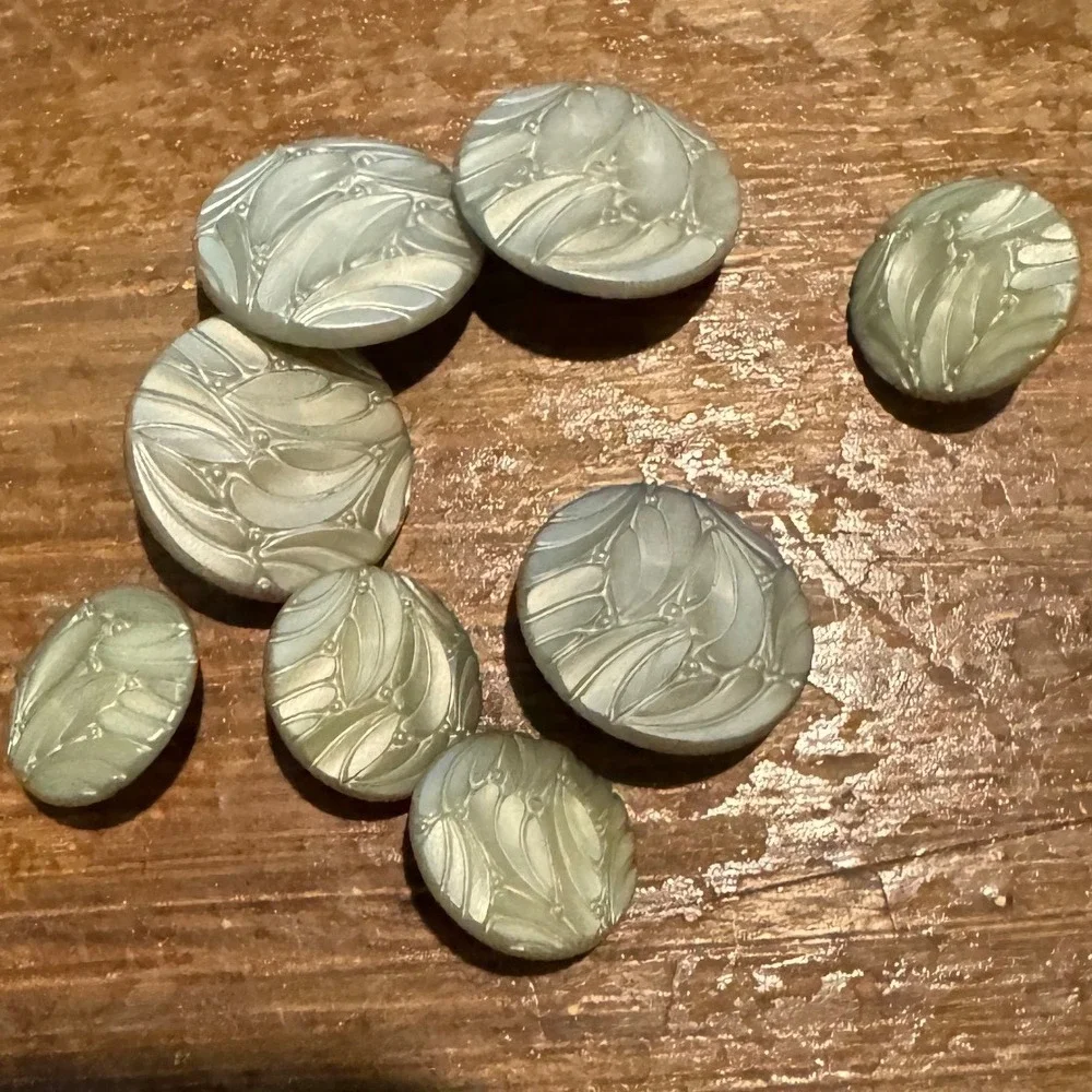 8 Vintage Iridescent Sage Green Art Nouveau Floral Leaf Shank Buttons Set